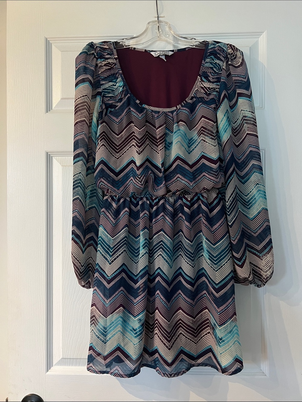 Speechless Long Sleeve Chevron Mini Dress in Teal, Navy, and Cream